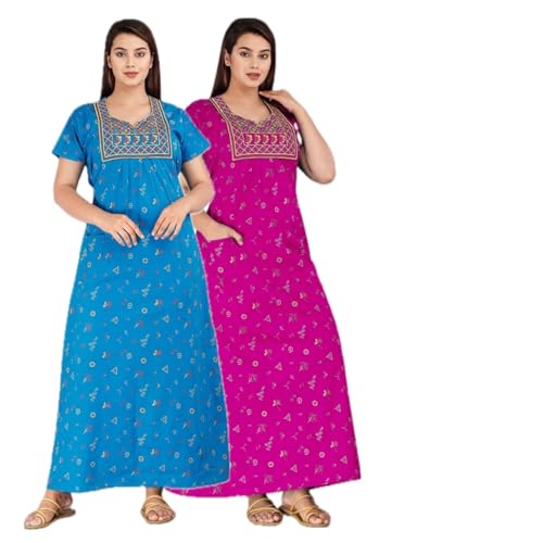 Image of DIAMO Pure Cotton Embroidery Nighty for Women, Cotton Night Gown, Night Maxi Gown, Cotton Nighty with a Pocket and Adjustable Knot