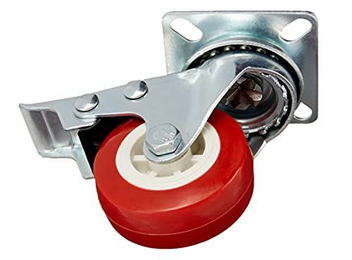 AmazonCommercial Rodízio giratório de PVC com placa superior de 5 cm com freio, vermelho, pacote com