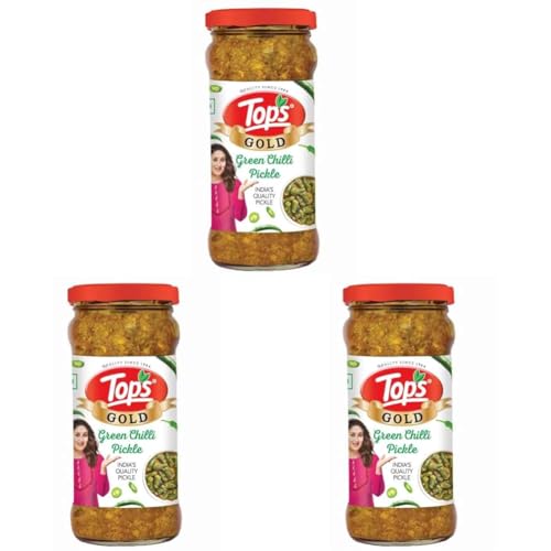 Image of TOPS Pickle Green Chilli -375 gm Glass Bottle|Prepared with the goodness of Mustard Oil | No artificial colours (Pack of 3)