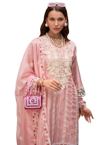 Image of INDO ERA Womens Organza Embroidered Straight Kurta Pant Dupatta Set (IEOUT10618)