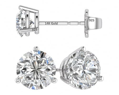 Central Diamond Center 14K Gold Post & Sterling Silver Made with Swarovski Zirconia 3 Prong Martini Stud Earrings - Platinum Plated 6.50mm 2.00cttw