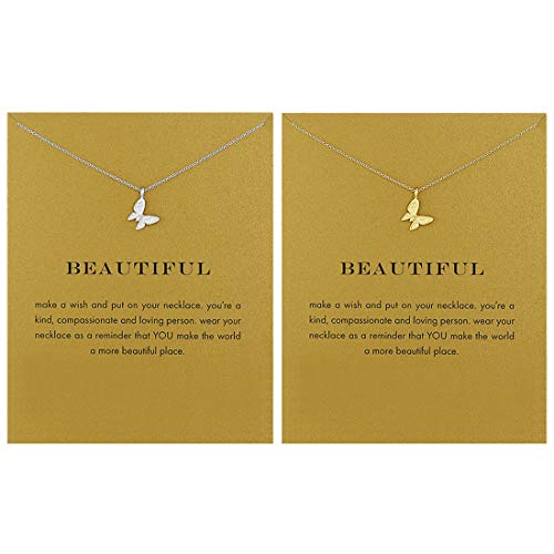 LANG XUAN 2Pcs Friendship Butterfly Necklace Lucky Elephant Star Pearl Circle Pendant Necklace for Women Gift Card (2Pack Butterfly)