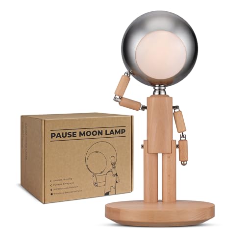 Vadifula Pause Moon Lamp, Creative Wood LED Desk Lamp, Unique Decorative Lighting for Bedroom, Lamps for Night Stands, Rechargeable Cordless Lamp Office & Gift, Beech Wood