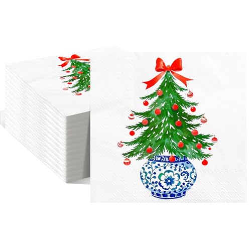 Epakh 50 Pcs Chinoiserie Christmas Tree Guest Napkins Disposable Paper Hand Towel for Bathroom with Christmas Tree Bow Blue and White Porcelain Print for Xmas Party Holiday Decoration (6.5 * 6.5inch)