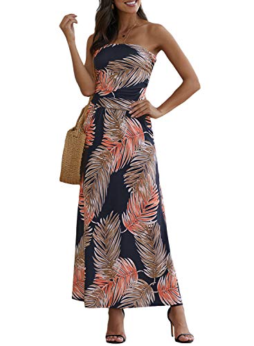 TOUVIE Damen Sommerkleid Maxi Boho Bandeau Bedruckter Trägerlos Strandkleid Orange L Cover