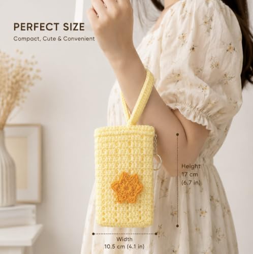 Image of Handmade Crochet Mobile Pouch for Women & Girls | Knitted Phone Holder with Wrist Strap | Cute Floral Aesthetic Mobile Cover Case | Soft Yarn Handmade Gift (Yellow)