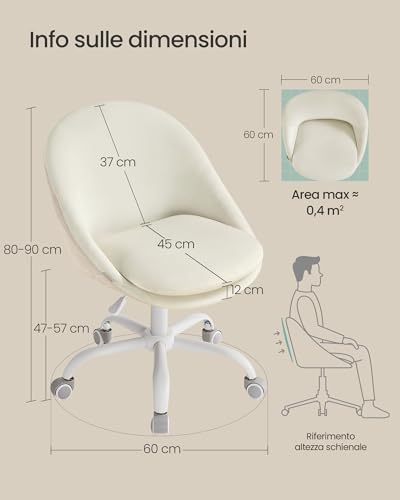 SONGMICS Sedia da Studio, Sedia Girevole con Parte Anteriore di Velluto, Poltrona da Scrivania Imbottita in Gommapiuma Regolabile in Altezza, Studio, Camera da Letto, Bianco Crema OBG020WD01 - Immagine 2