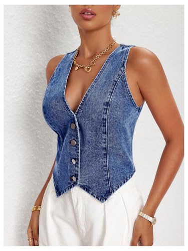 Floerns Women's Sleeveless Denim Vest Asymmetrical Hem Button Down Waistcoat2