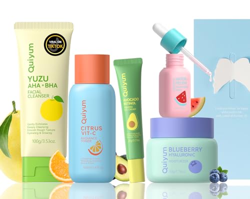 QUIYUM Set Cuidado de la Piel,Set de 5 Piezas para el Cuidado de la Piel, Hidratante Facial para Mujeres, Con Limpiador, Tónico, Suero, Crema para Ojos, Humectante