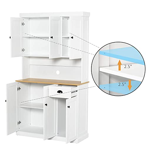Rasoo Buffet Hutch Cabinet Kitchen Sideboard Pantry Cabinet Wood Kitchenware Server Kitchen Storage Microwave Cabinet With 3 Doors Upstairs And 3 Doors Downstairs And 1 Drawer, White #TOP6