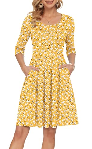 AUSELILY Women's Sun Dress Pleated Loose Swing 3/4 Sleeve Dresses with Pockets, Yellow Floral L