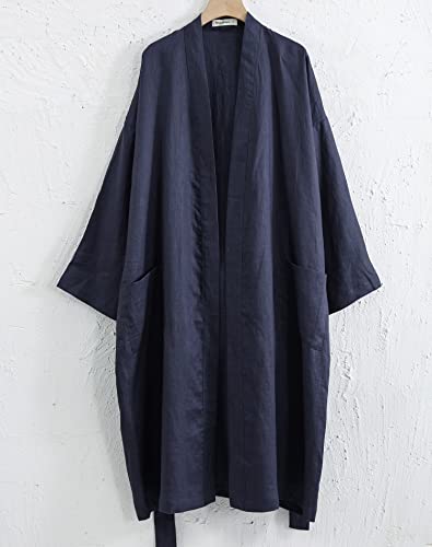 Image of Amazhiyu Womens Pure Linen Mid Length Kimono Robes Lightweight Long Sleeve Bathrobe