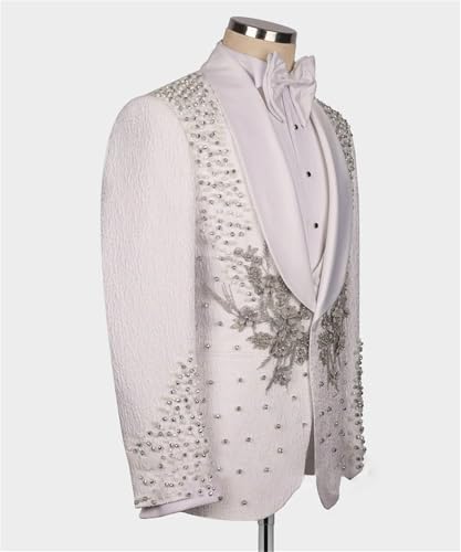 Mens Luxury Jacquard 3 Pieces Suit with Rhinestone Slim Fit Shawl Lapel Blazer Jacket Vest Pants Set for Prom,Party4