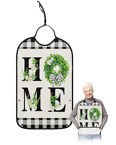 Flower Leave Home Adult Bib for Eating with Crumb Catcher,Washable & Waterproof Terry Cloth Adjustable Elderly Women Men Adult Bibs Funny Apron Clothing Protector Country Rustic Black Grey Plaid