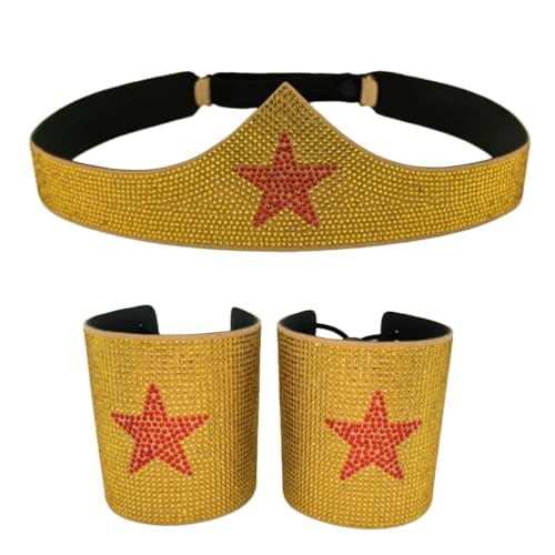 Okamsovr Woman Gold Rhinestone Wonderful Superhero Cosplay Headband Tiara And Cuffs Set Halloween Dress-Up Accessories (Rhinestone headpiece arm guard set)