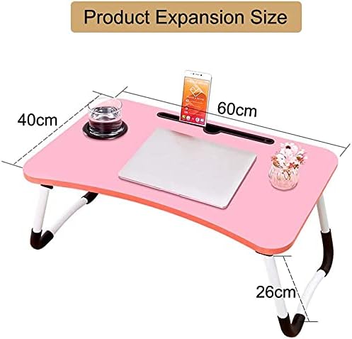 VLikeze Laptop Bed Table, Foldable Portable Lap Standing Desk with Cup Slot, Notebook Stand Breakfast Bed Tray Book Holder for Sofa, Bed, Terrace, Balcony, Garden-Pink