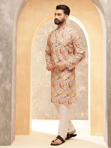 Sojanya (Since 1958 Men'S Cotton Linen Geometric Printed Kurta With White Pyjama3