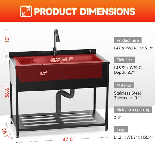 Image of Stainless Steel Utility Sink,47.6 inch x 24.1 inch x 36.6 inch,2 Compartment Sink Freestanding Commercial Sink,with Cold and Hot Water Faucet,Hoses and Drain Kit,Freestanding Sink for Kitchens, Bathrooms, Garage