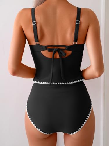 Image of Eomenie Tankini Swimsuit for Women Tummy Control Ruched Two Piece Bathing Suits High Waisted Shell Stitch Swimwear