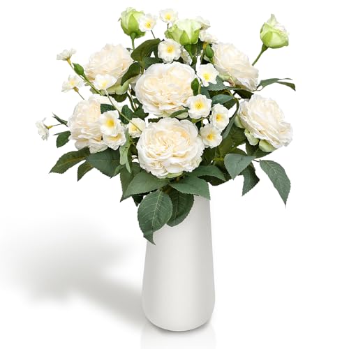 Tobilu Artificial Flowers in Vase, Fake Roses Peonies Flower Bouquet with Ceramic Vase Floral Arrangements for Dining Table Centerpieces Living Room Indoor Decor - Ivory White