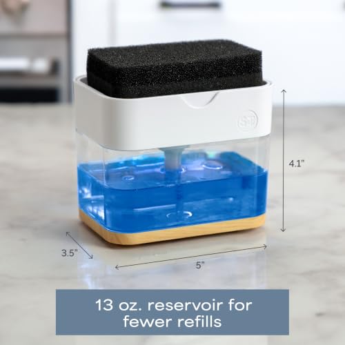 Image of S&T INC. Dish Soap Dispenser and Sponge Holder, Plastic Bamboo and White