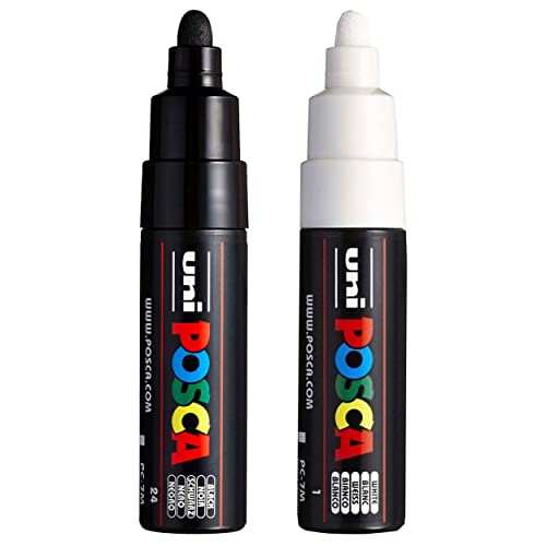 Posca Uni PC-7M Lot de 2 marqueurs à pointe ogive large 4,5-5,5 mm Noir et blanc