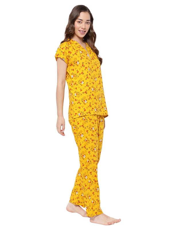 Image of Clovia Women's Rayon Printed Top & Pyjama Set in Yellow