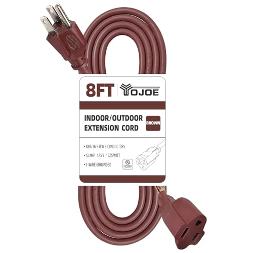 YOJOE Indoor Outdoor Extension Cord 3 Prong 13A Weatherproof Power Cord 16 Gauge Heavy Duty 8 ft Brown Extension Cord for Garage Garden and Home 16/3 SJTW UL Certified