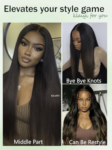 Image of KLAIYI Ombre Brown Yaki Straight Pre Everything Glueless Precut 13x4 Lace Front Wigs Human Hair Drawstring Pre Plucked Bleached Ready to Wear and Go Wig with Dark Roots Chestnut Balayage Brown 20Inch