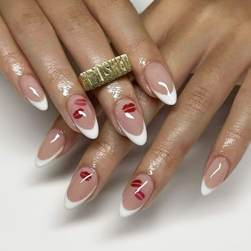 Image of French Tip Lip Print False Nails - Medium Almond Glossy Artificial Acrylic Full Cover Stick on Nails for Women's Valentine's Day Manicure