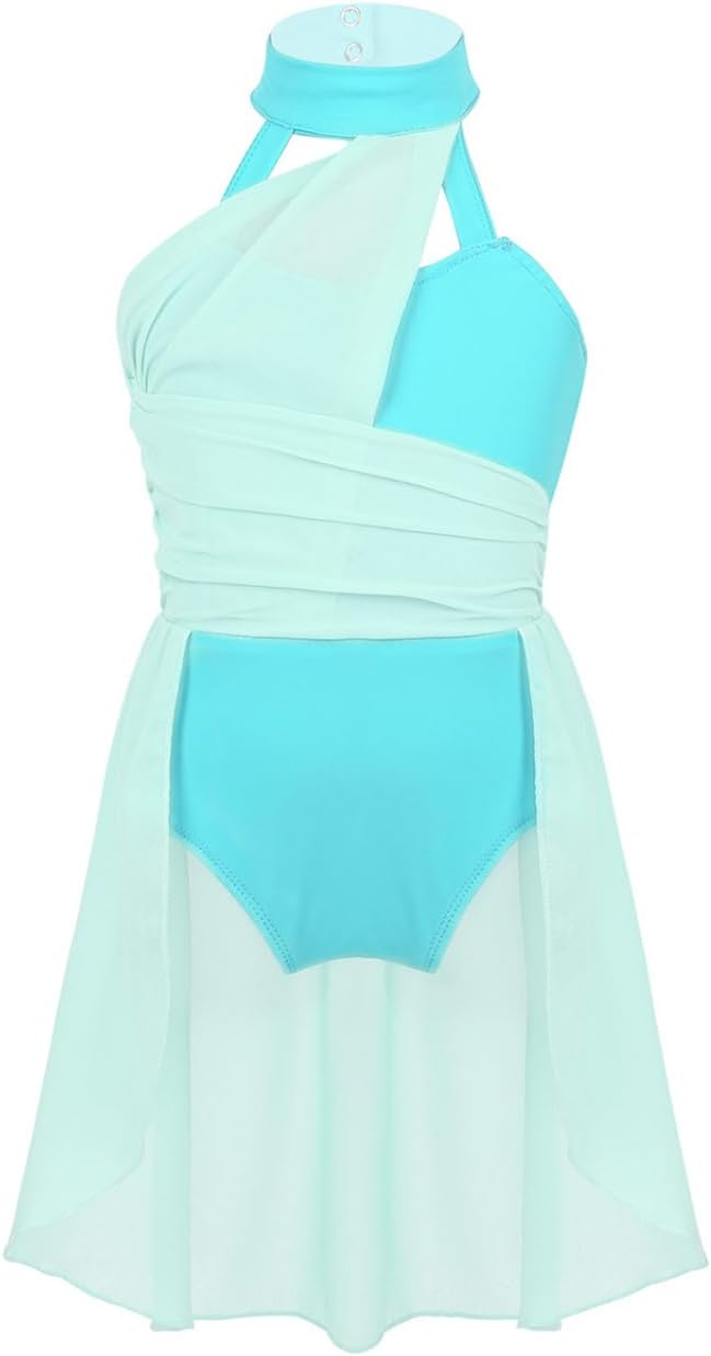 Kids Girls Lyrical Dance Dress Mock Neck Press Button Leotard with Chiffon Overlay for Modern Latin Jazz