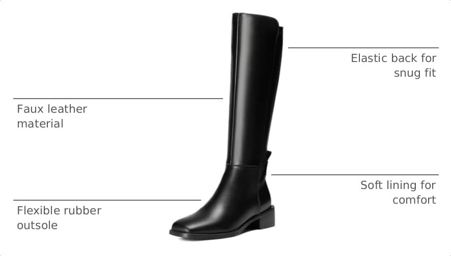 Image of vivianly Women's Knee-High Boots, Faux Leather Elastic Boots Low Heel Square Toe, Side Zipper Tall Boots