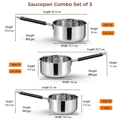 Image of Kraft Stainless Steel Saucepan Combo Set of 3-1, 1.4 and 1.8 Litre, Durable and Versatile Sauce Pan for Tea, Riveted Sturdy Bakelite Handle, Induction & Gas Base, for Chai, Milk, Soup, Egg