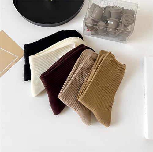 Bigbigme Women's Solid Striped Textured Ribbed Knit Casual Basic Style Crew Socks,Thin Cotton Socks Breathable, Soft Socks For Business Daily,5 Pairs #TOP6