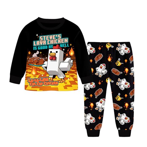 Trodier Boys Pajama Set Steves Lava Chicken Kids Long Sleeve Pyjamas Cartoon Sleepwear for Kids Nightwear Pjs Set (US Age 6 Years 7 Years Black)