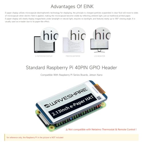 Image of Waveshare 2.13inch E-Paper Display HAT Compatible with Raspberry Pi 5 /4B /3B /Zero /Zero W /Zero 2W /Pico /Pico W /Pico WH /Jetson Nano, 250x122 Resolution Black /White Dual-Color