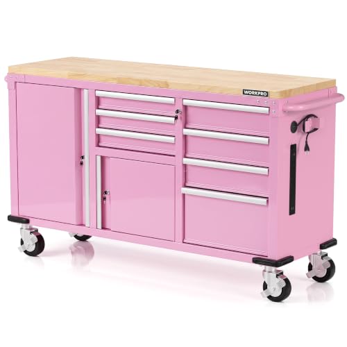 Image of WORKPRO 62 inch x 20 inch Rolling Tool Chest, 7-Drawer & 2-Door, Pink