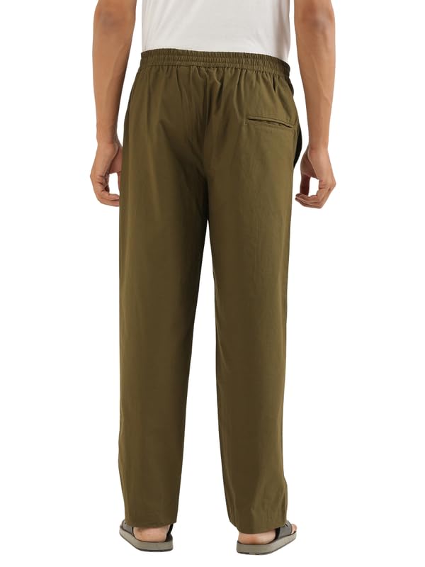 Image of SAADAA Men's 100% Cotton Pants | Mid-Rise Straight Fit Casual Trousers with Elastic Waistband and 3 Pockets | Everyday Wear