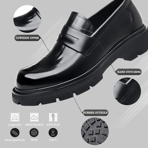 Men's Luxury Genuine Leather Platform Chunky Slip-on Penny Loafers Fashion Round Toe Lug Sole Patent Business Dress Shoes Classic Non-Slip Party Wedding Prom Work Shoes3