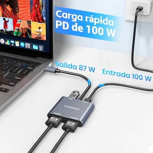 KiWiBiRD Hub hdmi 2 monitores, Adaptador USB C a HDMI Dual, Splitter hdmi 1 Entrada 2 Salidas Tipo C 4K 2160p 1440p 1080p HDCP PD 100W, Compatible con Macbook Mac TV PC Proyector - imagen 5