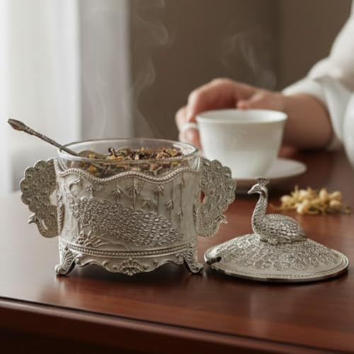 Image of Premium Decorative Peacock Design Sugar Pot | Jar with Spoon | German Silver-Plated Embossed Peacock Glass Container for Home Decor, Kitchen & Gifting