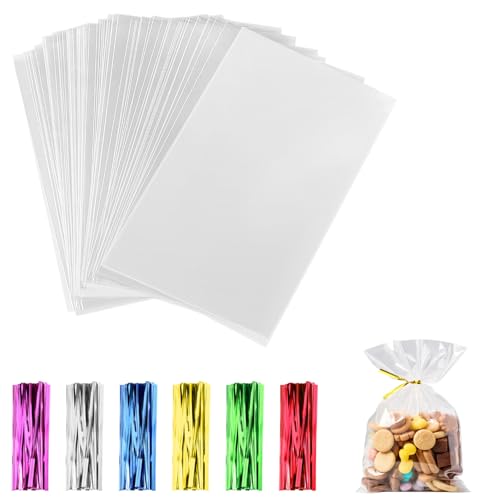 200 Stück Cellophantüten Klein 10x15 cm Zellophantüten Tütchen Transparent Kleine Tüten für Süßigkeiten Zellophanbeutel mit 200 bunten Krawatten für Brot Kekse Kindergeburtstag Gastgeschenke Tütchen