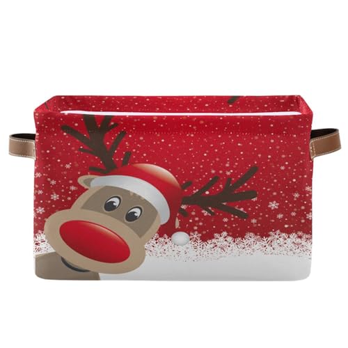 Christmas Reindeer White Snowflakes on Red Storage Basket for Shelves for Organizing Closet Shelf Nursery Toy, Fabric Collapsible Storage Organizer Bins Decorative Baskets with Handles Cubes 1 Pack