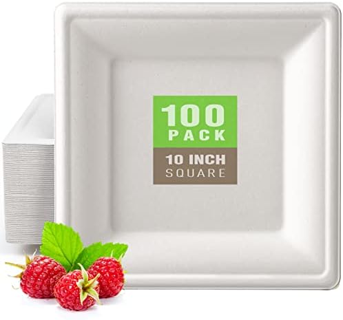Gezond 100 Pack Compostable Square Paper Plates 10 Inch Disposable Paper Plates Large Square Dinner Plates Biodegradable White Plates for Party