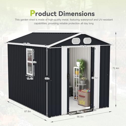 Image of KEIKI 8x6 FT Outdoor Storage Shed, Heavy Duty Metal Garden Shed with Lockable Sliding Doors, Air Vents & Sloped Roof, Waterproof Backyard Tool Shed for Lawn Equipment, Patio Furniture, Dark Gray