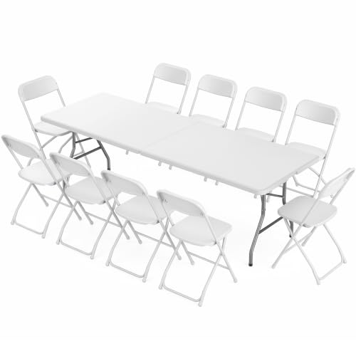 Sweetcrispy 8 FT Folding Picnic Table with 10 White Folding Chairs Easy to Fold and Store Foldable Table for Camping Picnic Dining Party Kitchen Outdoor Indoor with Carrying Handle