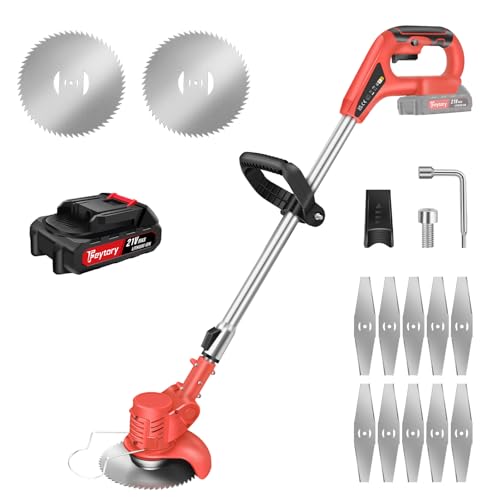 Metal Blade Cordless Strimmer Lightweight Grass Trimmers With 10 Metal Blades, 2 Saw Disc, 1.5Ah Battery, 15cm Cutting Diameter, Adjustable Height and Cutting Head, For Lawn Garden (Red)