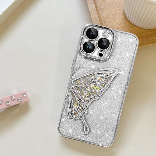 Image of SHINESTAR 3D Butterfly Case for iPhone 15 Pro Max Cover, Cute Girly Glitter Bling Luxury Back Cover for Women Girls Protective Shockproof Slim Camera Protection for iPhone 15 Pro Max - Silver