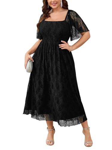 SCOMCHIC Women's Plus Size Wedding Guest Dress Formal Lace Square Neck Short Sleeve Smocked Flowy Cocktail Maxi Dresses