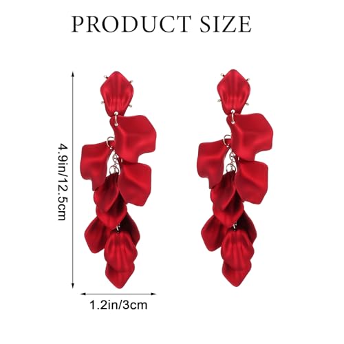 1 Pair Large Red Earrings for Women, Long Acrylic Rose Petals Earrings, Red Flower Earrings Dangle Statement Layered Floral Petal Earring for Wedding Holiday Festive Costume Gift2